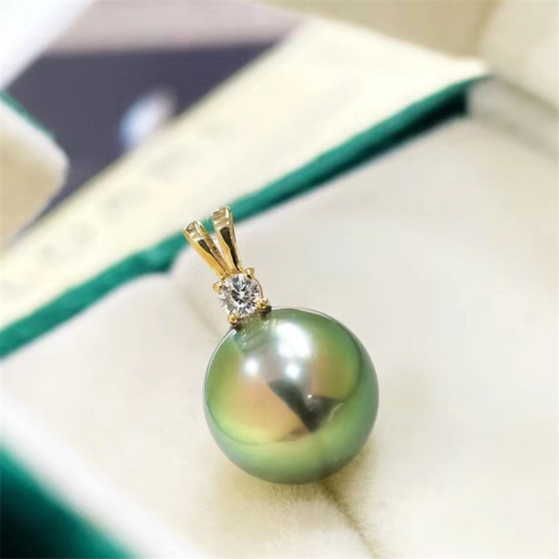 12mm South Sea Black/Green Pearl Pendant – 14k Yellow Gold, Natural AAAAA+
